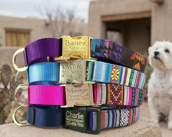 Custom Martingale Dog Collar with Engraved ID Buckle – Aztec Boho Nylon No-Pull Adjustable Dog Collar Pink Purple Turquoise