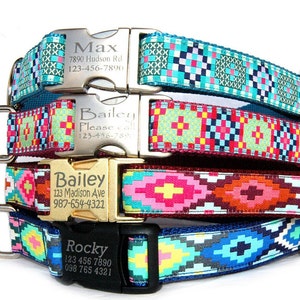 Dog collar with personalized laser engraved silver gold metal or black plastic buckle Bohemian mosaic Pink Blue Wine red small to large dogs image 1