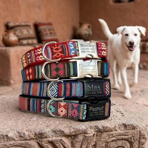 Monogrammed Dog Collar: Laser Engraved Buckle, Southwest Tribal Fabric