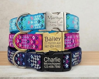 Laser Engraved Buckle Dog collar Personalized Name Phone Address Bohemian Arrow Aqua Pink Navy