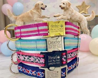 Custom personalized dog collar Laser engraved buckle monogram stripe star ribbon on nylon webbing Pink mint navy turquoise blue