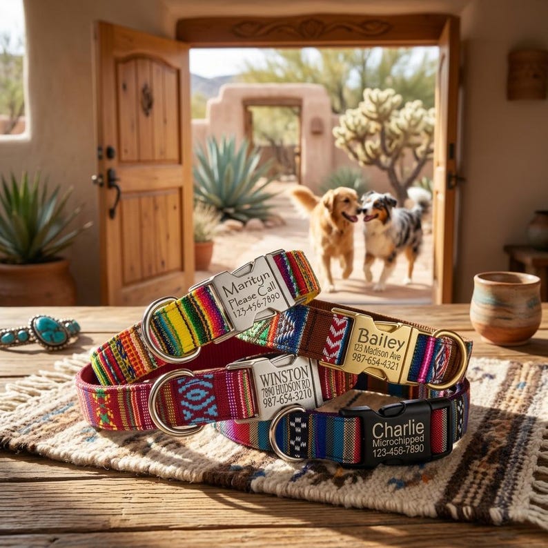 Personalized dog collars are placed in Southwestern room. Collars come with laser engraved silver, gold metal buckle or black plastic buckle. Colorful stripe and geometric Tribal, Navajo style motives. yellow, wine red, brown, purple. multiple color dog collars. dogs are happy playing behind the collars