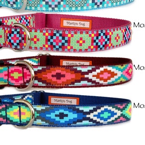 Dog collar with personalized laser engraved silver gold metal or black plastic buckle Bohemian mosaic Pink Blue Wine red small to large dogs image 2