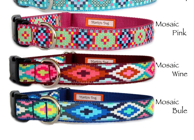 Dog collar with personalized laser engraved silver gold metal or black plastic buckle Bohemian mosaic Pink Blue Wine red small to large dogs image 2