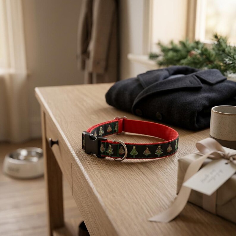 Puede incluir: Un collar para perros negro y rojo con un dise&ntilde;o de &aacute;rbol de Navidad. El collar est&aacute; sobre una mesa de madera con una chaqueta oscura, una taza y una caja de regalo. El collar tiene una anilla en D met&aacute;lica y una hebilla de pl&aacute;stico negra.