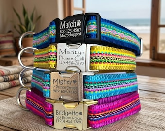 Personalized Dog Collar: Southwestern, Tribal, Navajo style ribbons, Laser Engraved Buckle with name and contact info. Pink Aqua Yellow Blue