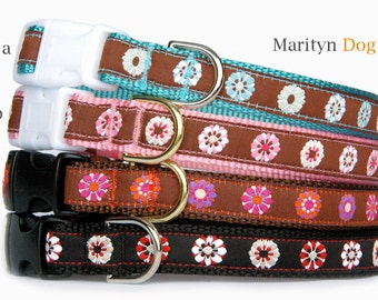 Dog collar Mod floral designer dog collar Cute turquoise pink girl dog boy dog collar Personalized laser engraved ID buckle can be added