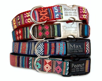 Monogrammed dog collar Laser engraved personalized id metal & plastic buckle Southwest Tribal Aztec embroidered style fabric pet collar.