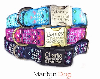 Monogram dog collar personalized laser engraved silver gold metal black plastic buckle Arrow Bohemian mosaic Pink Blue Wine Navy Turquoise