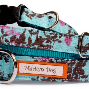 Turquoise Blue Dog Collar: Bird & Woodland Fabric Pet Collar