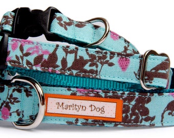 Turquoise blue dog collar Bird woodland style fabric cute pet collar small dog collar - large dog collar Dog leash & harness are available