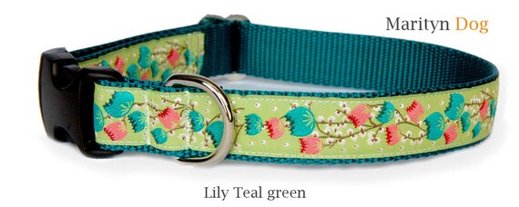 Cute Dog Collar Teal Green or Orange Lily Flower Ribbon Dog Collar