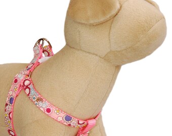 Retro Floral Dog Harness: Pink Step-In Style, Optional ID Tag