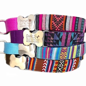 May include: A stack of dog collars in various colors and patterns. The collars include a bright pink, purple, and blue collar. Each collar has a metal bone-shaped tag with engraved text. The tags read "Diesel" and "Charlie".