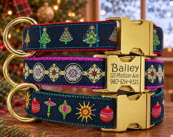 Christmas Dog Collar, Christmas Tree, Ornament & Jewely, Handmade Holiday Pet Collar, Laser Engraved ID Buckle