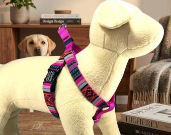 Custom Martingale Dog Harness personalized laser engraved buckle with name and contact info. Southwestern designs. For Small Large dogs