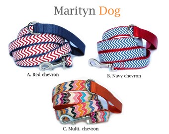 Chevron dog leash Red, Navy blue, Multi colored pet leash  Contrast color preppy dog leash Matching dog collar and dog harness are available