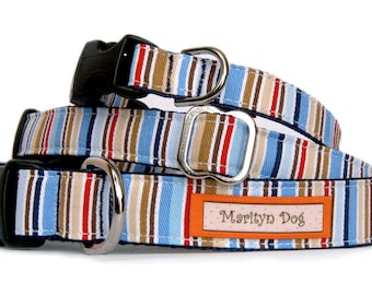 Boy male dog collar Beach nautical blue stripe cotton pet collar for small dog large dog  Summer dog collar Adjustable dog collar Dog leash