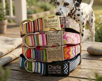 Personalized Dog Collar: Laser Engraved pet ID Quick released Buckle. Colorful Stripe Floral Dots Chevron
