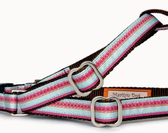 Designer dog harness dog leash Pink powder blue stripe multi colored top stitch strip ribbon pet harness Girl dog puppy small dog large dog