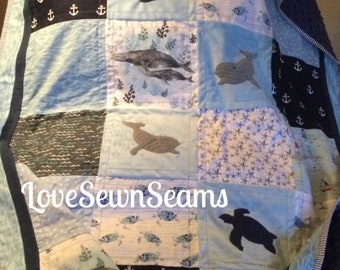 Sea Turtle and whale quilt/handmade quilt/modern quilt