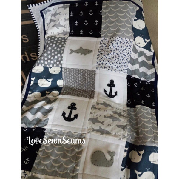 MADE TO ORDER/Shark quilt/Shark and Whale quilt/Sea Life quilt/Shark baby quilt