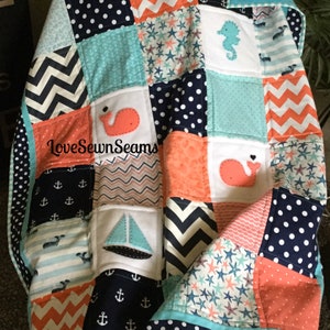 Made to order/Handmade quilt/Coral and Navy quilt/Nautical quilt/personalized quilt