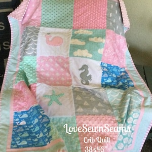 COASTAL QUILT/Seaside quilt or lovey/Nautical quilt/Beach quilt/ Baby girl quilt/Minky quilt