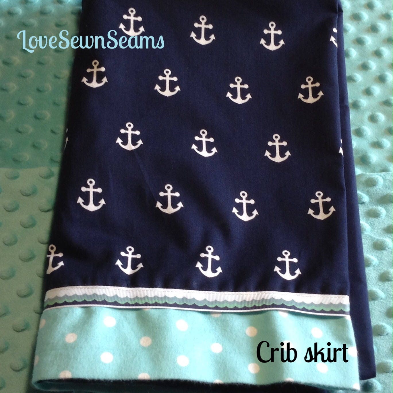 CRIB SKIRT/NAVY Dots w aqua trim Adorable Shipping is free Etsy