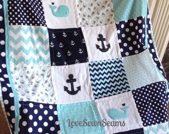 Nautical  Crib quilt/COASTAL Quilt/Baby quilt/Nautical Baby Blanket/Nautical Crib bedding/Whale baby quilt