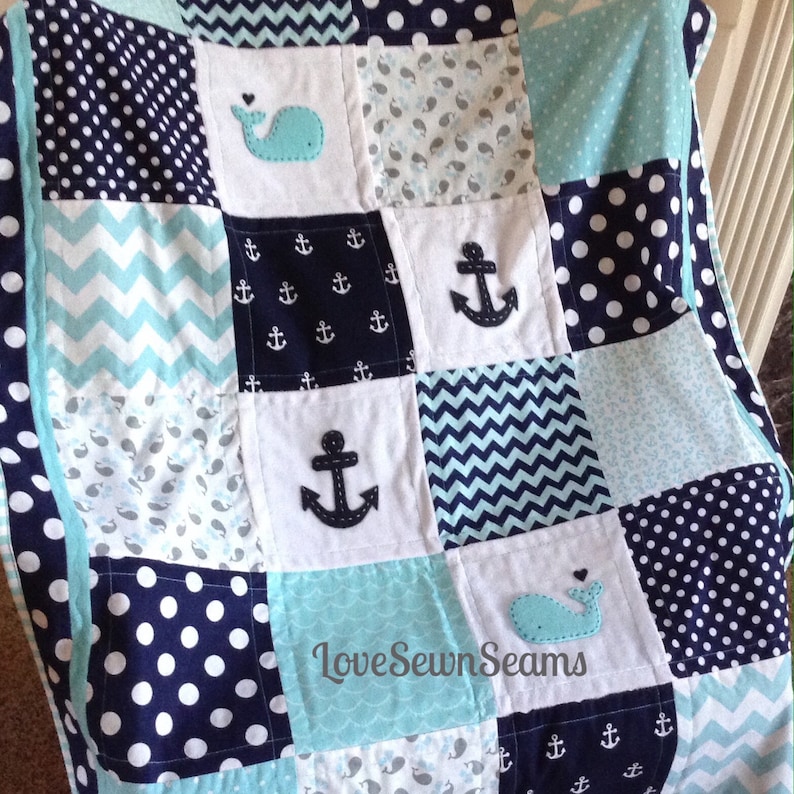 Nautical Crib quilt/COASTAL Quilt/Baby quilt/Nautical Baby Blanket/Nautical Crib bedding/Whale baby quilt image 1