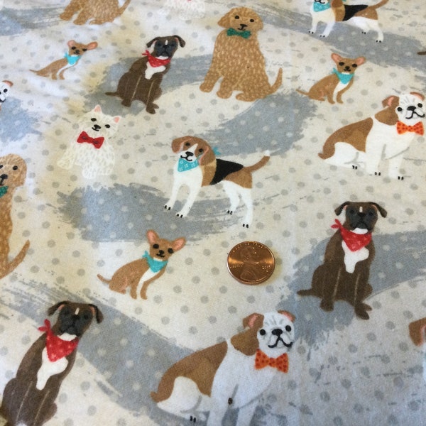 Dog flannel by 1/2 yard/Dog fabric/Dogs on gray dot flannel/Boxer/Beagle/Goldador/Chihuahua