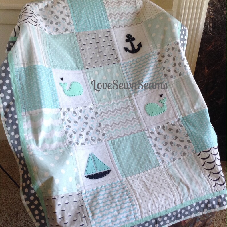 Mint Gray & Aqua Nautical Quilt/soft Nautical Quilt Etsy Canada