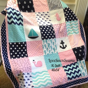 NAUTIK KINDERDECKE/Anker, Segelboot, Wal oder Seepferdchen/Baby Quilt/Küstenquilt