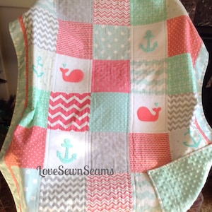 CORAL/MINT/Aqua/Pink/GRAY Nautical Quilt/Crib size 38&quot;x52