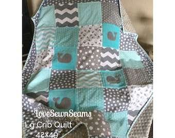 MADE TO ORDER/Nautical quilt/Baby quilt/Whale Baby Quilt Super Soft & Cozy/Gray and Aqua Nautical Quilt