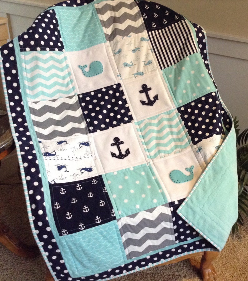 QUILT w SKIRT OptionBaby Quiltcrib size whaleanchor quiltmatching crib skirt w trim