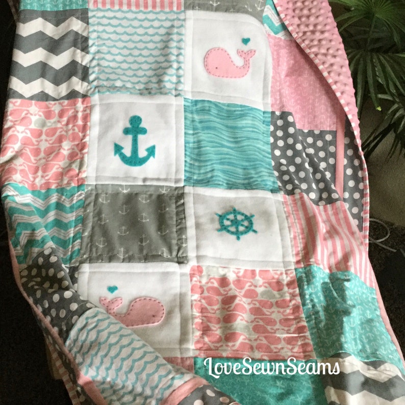 Nautical Baby Quilt/Handmade quilt/Coastal Baby Quilt/Teal and pink quilt/Baby Quilt image 1