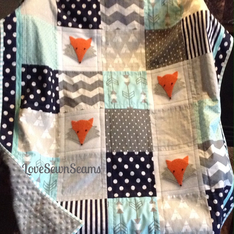 WOODLAND Crib Size Quilt/FOX Quilt/ Aqua Navy & Gray Woodland Etsy