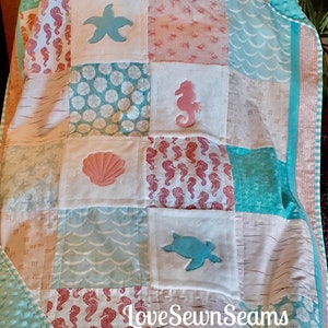 COASTAL QUILT/Nautical quilt/Blush, Coral and Light Teal quilt/Beach quilt/ Baby girl quilt/Minky quilt