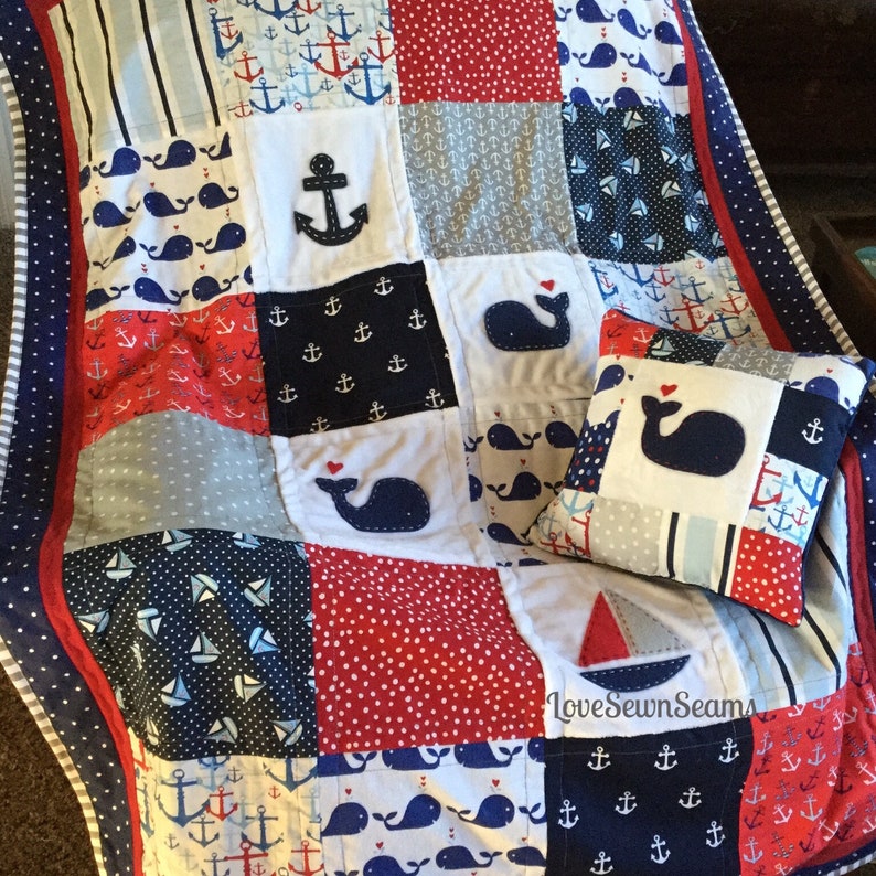 Nautical Quilt/Handmade baby quilt/Red White and blue quilt/Nautical baby quilt/Nautical pillow also available Lg Crib quilt+pillow