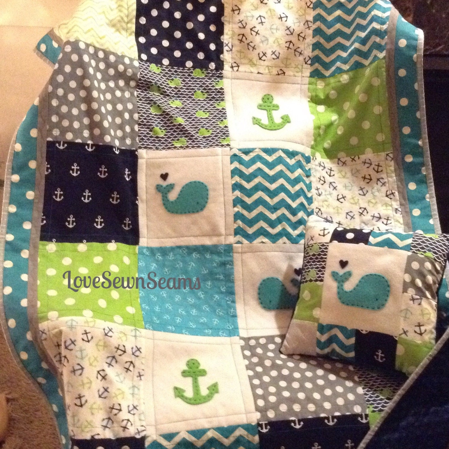 TEAL NAVY GRAY & Green Crib Size Quilt/Skirt/Pillow Etsy