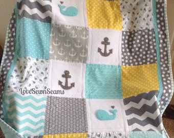 YELLOW/GRAY/AQUA Nautical Quilt 38"x52" /Nautical quilt with yellow