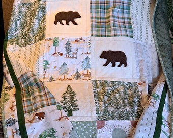 SAGE & PINE Quilt/Nature quilt/Woodland quilt/Bear quilt/Handmade quilt/Minky quilt