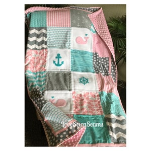 Nautical Baby Quilt/Handmade quilt/Coastal Baby Quilt/Teal and pink quilt/Baby Quilt image 3