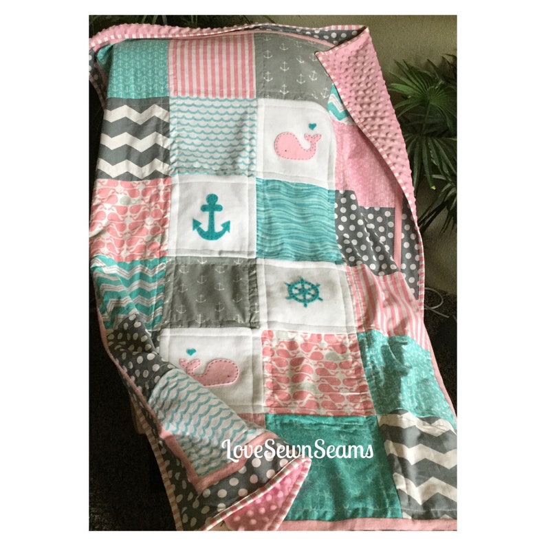 Nautical Baby Quilt/Handmade quilt/Coastal Baby Quilt/Teal and pink quilt/Baby Quilt image 3