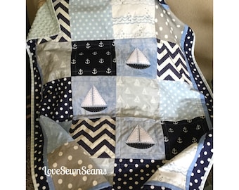 Sailboat quilt/Nautical throw quilt/Ocean Blue Sail Away
