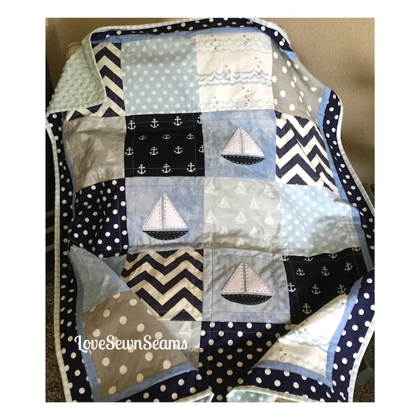 MADE TO ORDER/Sailing quilt/Nautical quilt/Modern baby quilt/Nautical Lovey/Ocean Blue Sail Away