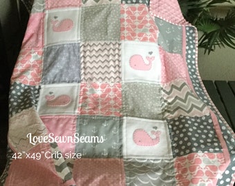 Pink Gray Grey Quilt Lightweight Summer Quilt Floral Geometric Home Decor Accent Handmade Patchwork Quilt Baby Toddler Crib Crawl Quilt