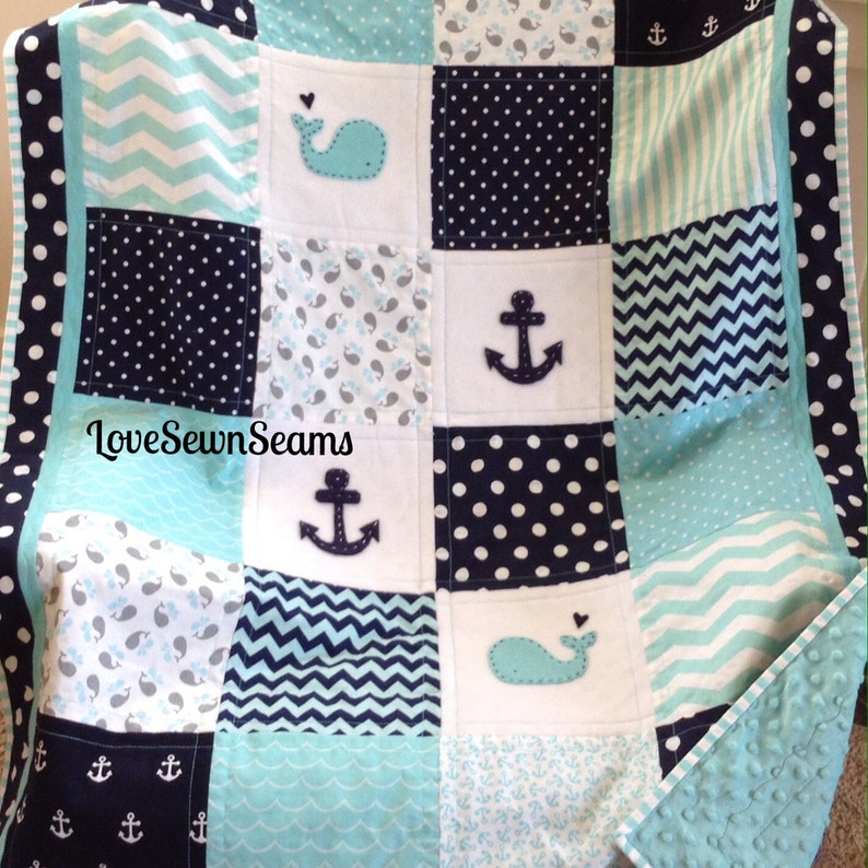 Nautical Crib quilt/COASTAL Quilt/Baby quilt/Nautical Baby Blanket/Nautical Crib bedding/Whale baby quilt image 3
